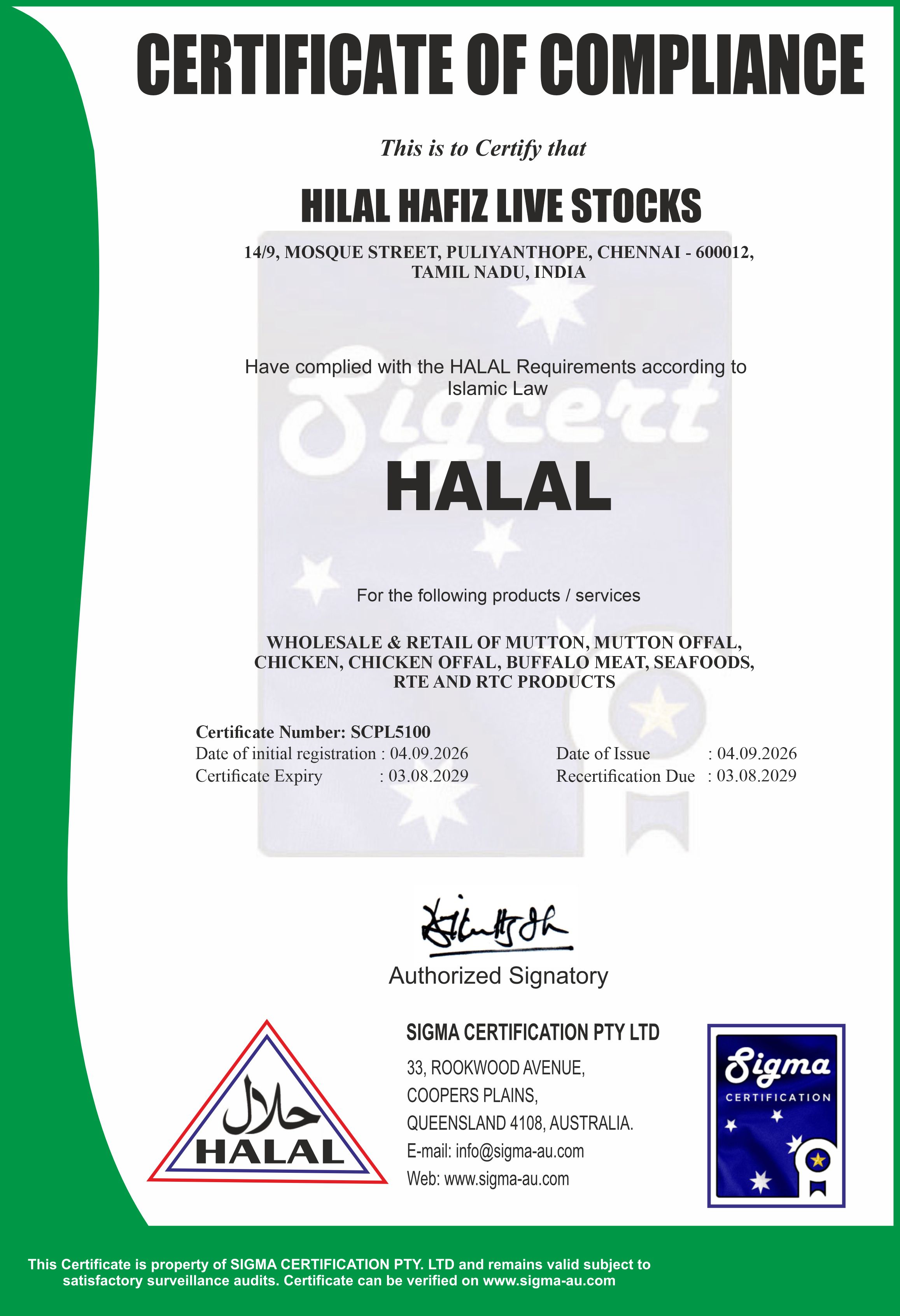 HH Meat Hub Halal Certificate of Compliance - SCPL5100 issued by Sigma Certification PTY Ltd